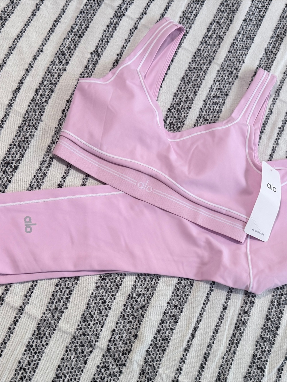 ALO Yoga Pink Leggings and Sports Bra Set with White Contrast Piping